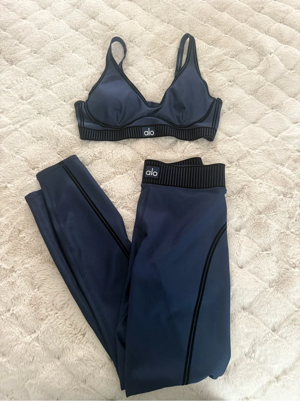 ALO Yoga Navy Blue Sports Bra and High-Waist Leggings Set